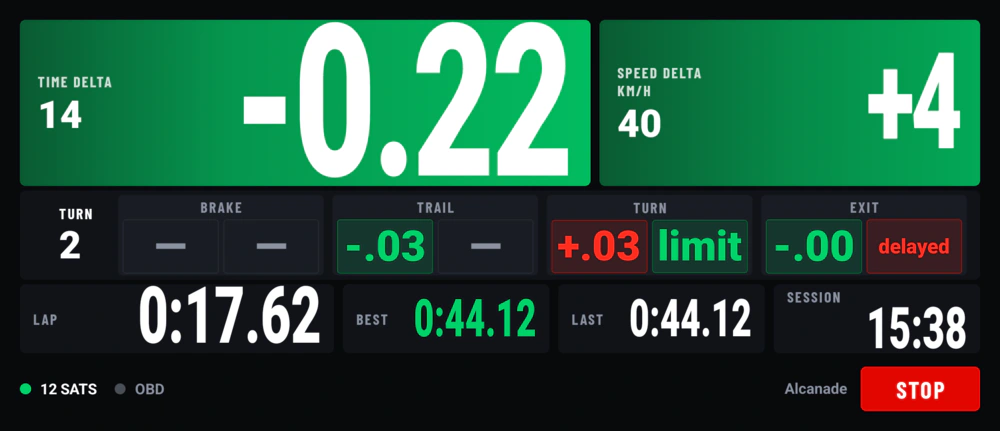 LapTAR live screen in landscape at the Kartódromo de Alcanede: delta to the reference lap and a brake, trail, turn and exit verdict for the current corner